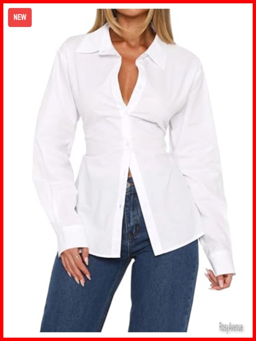 Button Down Shirt Cinch Waist Long Sleeve Cotton Blouse Work Top